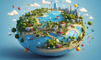 Na slici je prikazan stilizirani, umjetnički prikaz planeta Zemlje u obliku male, lebdeće kugle koja podsjeća na minijaturni svijet. Cijela scena izgleda kao kombinacija prirode i moderne tehnologije, s naglaskom na sklad između urbanog života i okoliša. Na površini “planeta” vide se zeleni brežuljci, drveće i vijugave rijeke koje se ulijevaju u jezera i more, što simbolizira prirodne resurse i ljepotu Zemlje. Istovremeno, prisutni su i moderni gradovi s visokim zgradama, prometnicama, mostovima i vozilima, što prikazuje ljudsku civilizaciju i razvoj tehnologije. Sve je povezano mrežama linija i malim ikonama koje sugeriraju komunikaciju, digitalizaciju i globalnu povezanost. Oko planeta lebde različiti elementi poput balona, oblaka i sitnih objekata koji dodatno naglašavaju dinamičnost i živost ovog “malog svijeta”. Boje su svijetle i vedre, s dominacijom plave i zelene, što daje osjećaj čistoće, održivosti i nade. Cijela ilustracija djeluje kao simbol ideje da je Zemlja naš zajednički dom, gdje priroda i tehnologija mogu postojati u ravnoteži ako se o njima odgovorno brinemo.