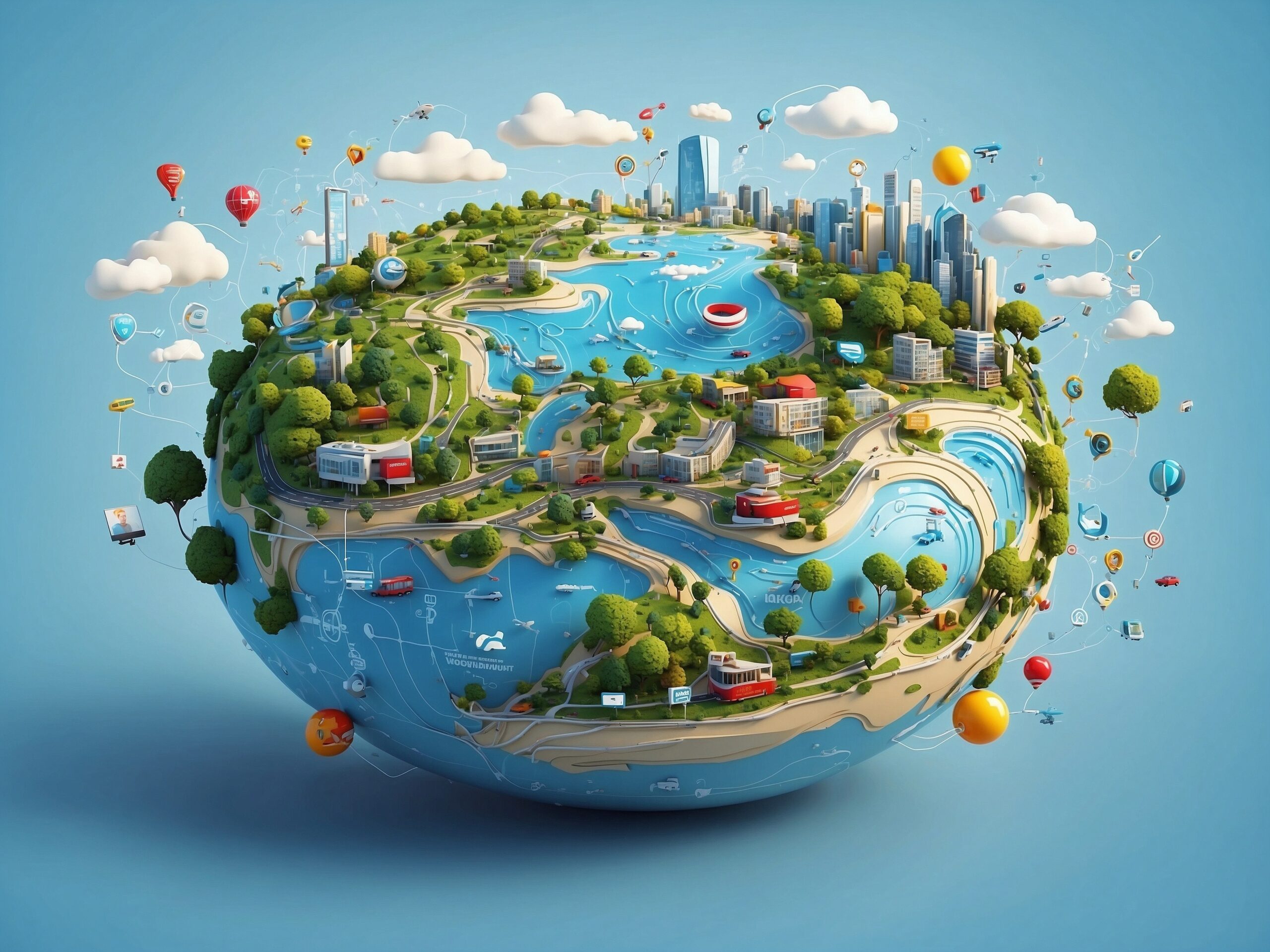 Na slici je prikazan stilizirani, umjetnički prikaz planeta Zemlje u obliku male, lebdeće kugle koja podsjeća na minijaturni svijet. Cijela scena izgleda kao kombinacija prirode i moderne tehnologije, s naglaskom na sklad između urbanog života i okoliša. Na površini “planeta” vide se zeleni brežuljci, drveće i vijugave rijeke koje se ulijevaju u jezera i more, što simbolizira prirodne resurse i ljepotu Zemlje. Istovremeno, prisutni su i moderni gradovi s visokim zgradama, prometnicama, mostovima i vozilima, što prikazuje ljudsku civilizaciju i razvoj tehnologije. Sve je povezano mrežama linija i malim ikonama koje sugeriraju komunikaciju, digitalizaciju i globalnu povezanost. Oko planeta lebde različiti elementi poput balona, oblaka i sitnih objekata koji dodatno naglašavaju dinamičnost i živost ovog “malog svijeta”. Boje su svijetle i vedre, s dominacijom plave i zelene, što daje osjećaj čistoće, održivosti i nade. Cijela ilustracija djeluje kao simbol ideje da je Zemlja naš zajednički dom, gdje priroda i tehnologija mogu postojati u ravnoteži ako se o njima odgovorno brinemo.