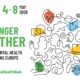 Na slici je promotivni vizual za Europski tjedan mentalnog zdravlja. S lijeve strane nalazi se logo i naziv manifestacije „European Mental Health Week“, uz jasno istaknute datume održavanja od 4. do 8. svibnja 2026. Ispod toga velikim zelenim slovima piše „Stronger Together“, a dodatni slogan glasi „Prioritise mental health in a changing Europe“. Desna strana slike ispunjena je apstraktnim crtežom sastavljenim od kontinuiranih linija koje oblikuju ljudske profile, ruke, simbole komunikacije, srce i druge elemente povezane s međusobnom podrškom i mentalnim zdravljem. U crtežu su naglašeni detalji u živim bojama poput zelene, žute, plave i crvene, što dodatno simbolizira raznolikost, povezanost i zajedništvo. Na dnu slike nalazi se hashtag #EuropeanMentalHealthWeek, koji upućuje na širenje svijesti i uključivanje javnosti putem društvenih mreža.