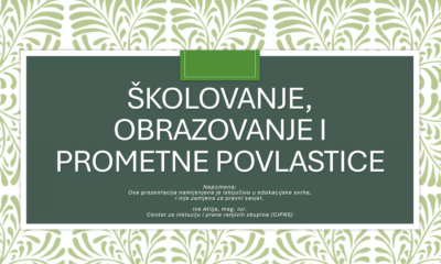 Na fotografiji se nalazi naslovna stranica prezentacije s naslovom „Školovanje, obrazovanje i prometne povlastice“. U središtu slike nalazi se tamnozelena pravokutna ploha obrubljena bijelim okvirom, dok je pozadina ukrašena svijetlozelenim dekorativnim uzorkom nalik lišću ili floralnim motivima. Naslov prezentacije ispisan je velikim bijelim slovima i zauzima najveći dio središnjeg prostora. Ispod naslova nalazi se napomena da je prezentacija namijenjena isključivo u edukacijske svrhe i da nije zamjena za pravni savjet. Na dnu su navedeni ime autorice, Ive Atlije, magistre prava, te naziv organizacije „Centar za inkluziju i prava ranjivih skupina (CIPRS)“. Dizajn prezentacije djeluje uredno i profesionalno, s dominantnim zelenim i bijelim tonovima.