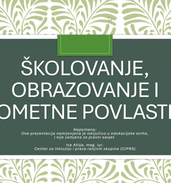 Na fotografiji se nalazi naslovna stranica prezentacije s naslovom „Školovanje, obrazovanje i prometne povlastice“. U središtu slike nalazi se tamnozelena pravokutna ploha obrubljena bijelim okvirom, dok je pozadina ukrašena svijetlozelenim dekorativnim uzorkom nalik lišću ili floralnim motivima. Naslov prezentacije ispisan je velikim bijelim slovima i zauzima najveći dio središnjeg prostora. Ispod naslova nalazi se napomena da je prezentacija namijenjena isključivo u edukacijske svrhe i da nije zamjena za pravni savjet. Na dnu su navedeni ime autorice, Ive Atlije, magistre prava, te naziv organizacije „Centar za inkluziju i prava ranjivih skupina (CIPRS)“. Dizajn prezentacije djeluje uredno i profesionalno, s dominantnim zelenim i bijelim tonovima.