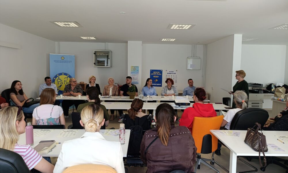 Na fotografiji je prikazan skup i radionica održana u svijetloj konferencijskoj prostoriji. Sudionici sjede za stolovima raspoređenima u obliku slova U te pažljivo slušaju govornicu koja stoji s desne strane prostorije i obraća se okupljenima. U prvom planu vide se sudionici okrenuti prema panelu predavača, među kojima su i osobe koje koriste invalidska kolica. Za glavnim stolom sjedi nekoliko sudionika i predstavnika organizacija, a iza njih se nalazi roll-up plakat SOIH-a i promotivni materijali povezani s pravima osoba s invaliditetom i neovisnim življenjem. Atmosfera djeluje radno, ali ugodno i uključivo, s naglaskom na razgovor, suradnju i razmjenu iskustava među sudionicima.