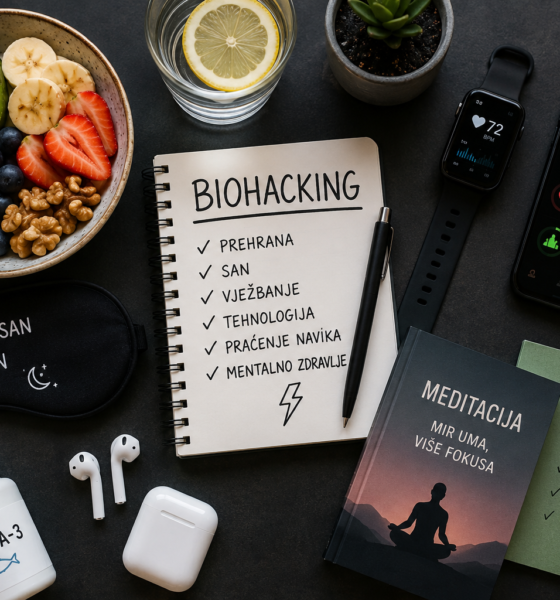 Na slici je prikazan moderan prikaz biohackinga kroz kombinaciju zdrave prehrane, tehnologije i svakodnevnih navika. U središtu se nalazi bilježnica s naslovom „BIOHACKING“ i popisom važnih područja poput prehrane, sna, vježbanja, tehnologije i mentalnog zdravlja. Oko bilježnice nalaze se zdrave namirnice poput avokada, borovnica, banana, jagoda i orašastih plodova koje simboliziraju pravilnu prehranu i zdrav način života. Na desnoj strani vide se pametni sat i mobilni telefon koji prikazuju podatke o koracima, snu, otkucajima srca i razini stresa, što predstavlja korištenje tehnologije za praćenje zdravlja i navika. Na slici se također nalaze knjiga o meditaciji, maska za spavanje i slušalice koje simboliziraju važnost odmora, fokusa i mentalnog zdravlja. Cijela scena prikazuje kako biohacking povezuje zdravu prehranu, kvalitetan san, fizičku aktivnost i moderne tehnologije kako bi čovjek poboljšao svoje zdravlje, energiju i produktivnost.