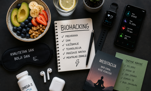 Na slici je prikazan moderan prikaz biohackinga kroz kombinaciju zdrave prehrane, tehnologije i svakodnevnih navika. U središtu se nalazi bilježnica s naslovom „BIOHACKING“ i popisom važnih područja poput prehrane, sna, vježbanja, tehnologije i mentalnog zdravlja. Oko bilježnice nalaze se zdrave namirnice poput avokada, borovnica, banana, jagoda i orašastih plodova koje simboliziraju pravilnu prehranu i zdrav način života. Na desnoj strani vide se pametni sat i mobilni telefon koji prikazuju podatke o koracima, snu, otkucajima srca i razini stresa, što predstavlja korištenje tehnologije za praćenje zdravlja i navika. Na slici se također nalaze knjiga o meditaciji, maska za spavanje i slušalice koje simboliziraju važnost odmora, fokusa i mentalnog zdravlja. Cijela scena prikazuje kako biohacking povezuje zdravu prehranu, kvalitetan san, fizičku aktivnost i moderne tehnologije kako bi čovjek poboljšao svoje zdravlje, energiju i produktivnost.