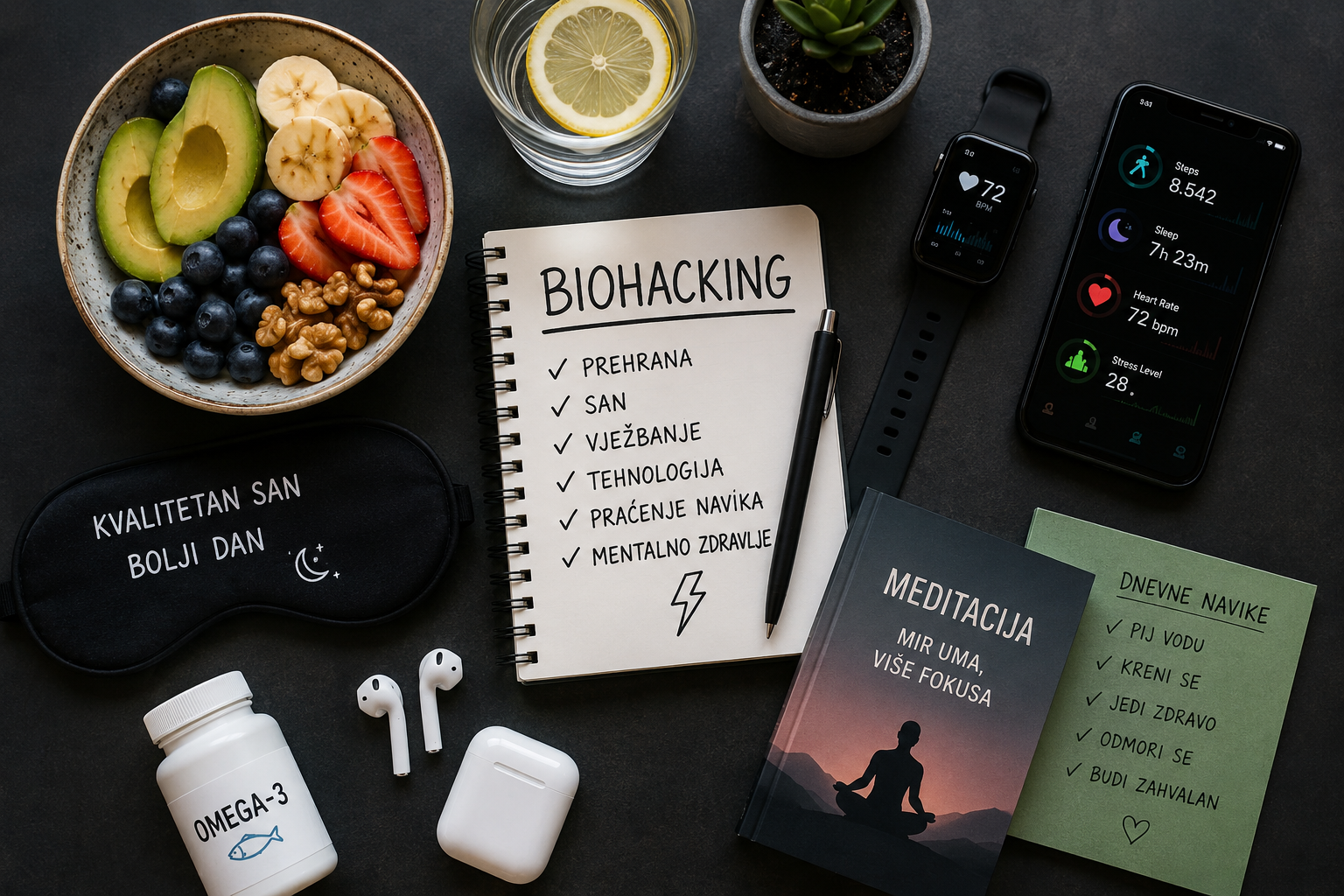 Na slici je prikazan moderan prikaz biohackinga kroz kombinaciju zdrave prehrane, tehnologije i svakodnevnih navika. U središtu se nalazi bilježnica s naslovom „BIOHACKING“ i popisom važnih područja poput prehrane, sna, vježbanja, tehnologije i mentalnog zdravlja. Oko bilježnice nalaze se zdrave namirnice poput avokada, borovnica, banana, jagoda i orašastih plodova koje simboliziraju pravilnu prehranu i zdrav način života. Na desnoj strani vide se pametni sat i mobilni telefon koji prikazuju podatke o koracima, snu, otkucajima srca i razini stresa, što predstavlja korištenje tehnologije za praćenje zdravlja i navika. Na slici se također nalaze knjiga o meditaciji, maska za spavanje i slušalice koje simboliziraju važnost odmora, fokusa i mentalnog zdravlja. Cijela scena prikazuje kako biohacking povezuje zdravu prehranu, kvalitetan san, fizičku aktivnost i moderne tehnologije kako bi čovjek poboljšao svoje zdravlje, energiju i produktivnost.