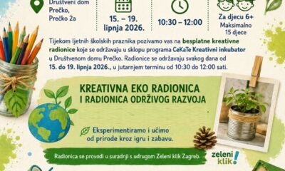 Plakat za CeKaTe Kreativni inkubator 2026 s besplatnim ekološkim radionicama za djecu tijekom ljeta.