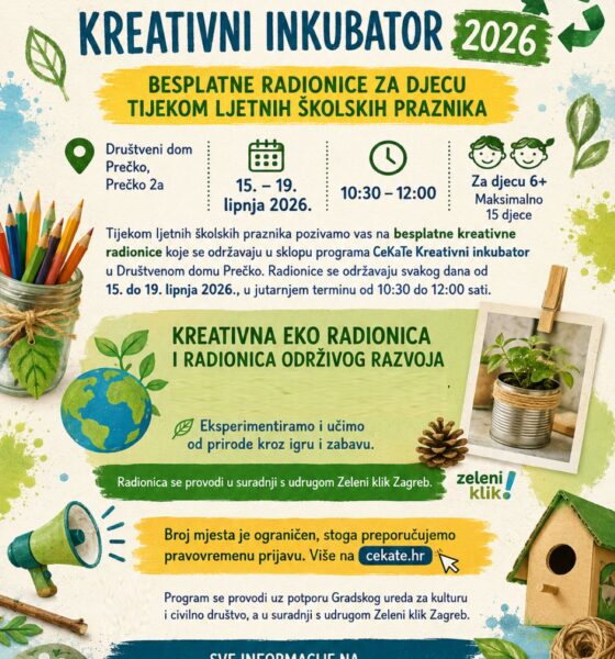 Plakat za CeKaTe Kreativni inkubator 2026 s besplatnim ekološkim radionicama za djecu tijekom ljeta.
