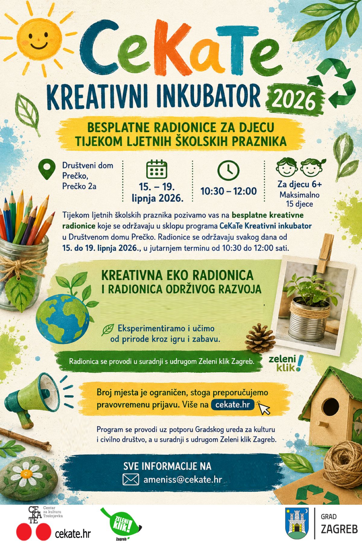 Plakat za CeKaTe Kreativni inkubator 2026 s besplatnim ekološkim radionicama za djecu tijekom ljeta.