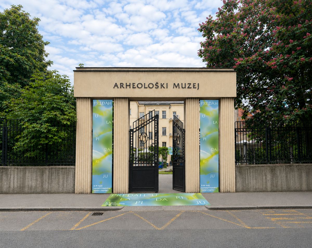 Ulaz u Arheološki muzej u Zagrebu s otvorenim vratima i vizualima izložbe u Lapidariju.