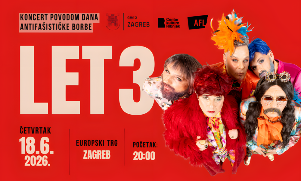 Plakat za koncert grupe Let 3 povodom Dana antifašističke borbe u Zagrebu.