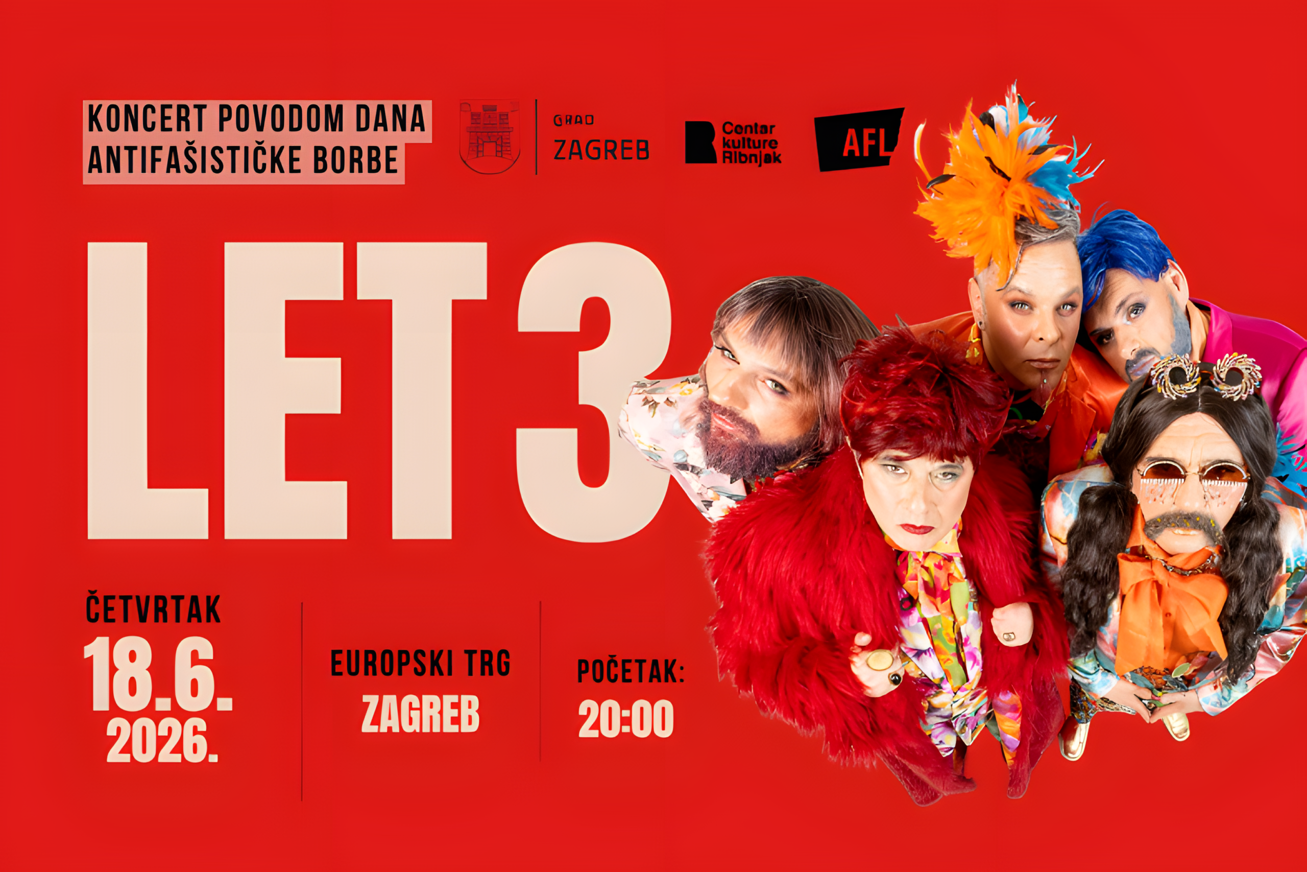 Plakat za koncert grupe Let 3 povodom Dana antifašističke borbe u Zagrebu.