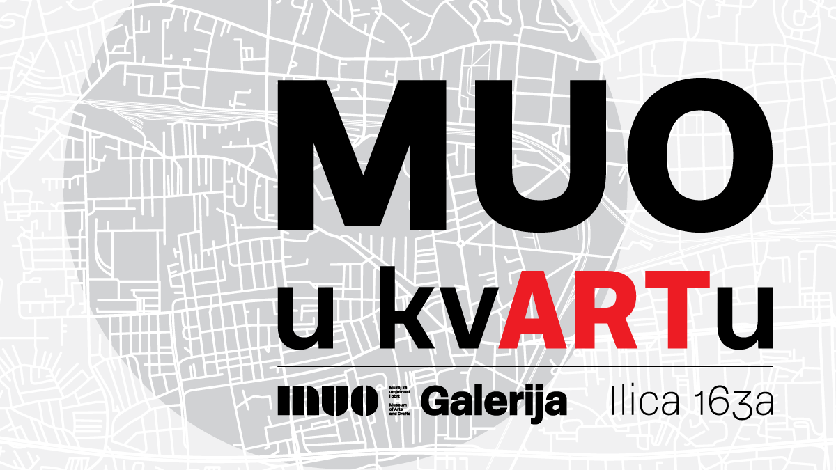Plakat programa "MUO u kvARTu" s kartom grada i adresom Galerije Ilica.