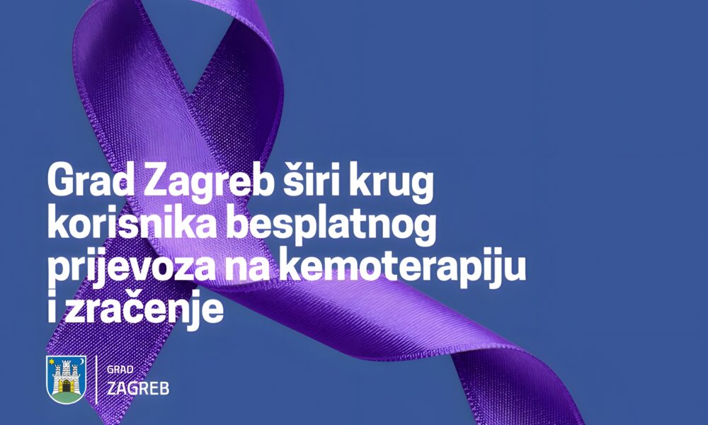 Ljubičasta vrpca na plavoj pozadini uz obavijest o besplatnom prijevozu na kemoterapiju i zračenje.