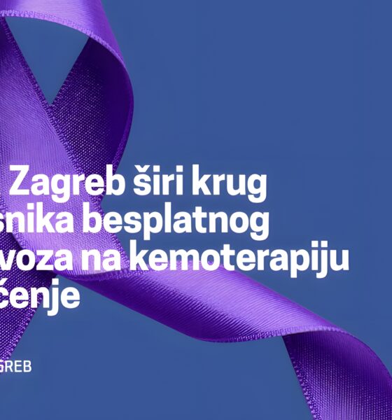 Ljubičasta vrpca na plavoj pozadini uz obavijest o besplatnom prijevozu na kemoterapiju i zračenje.