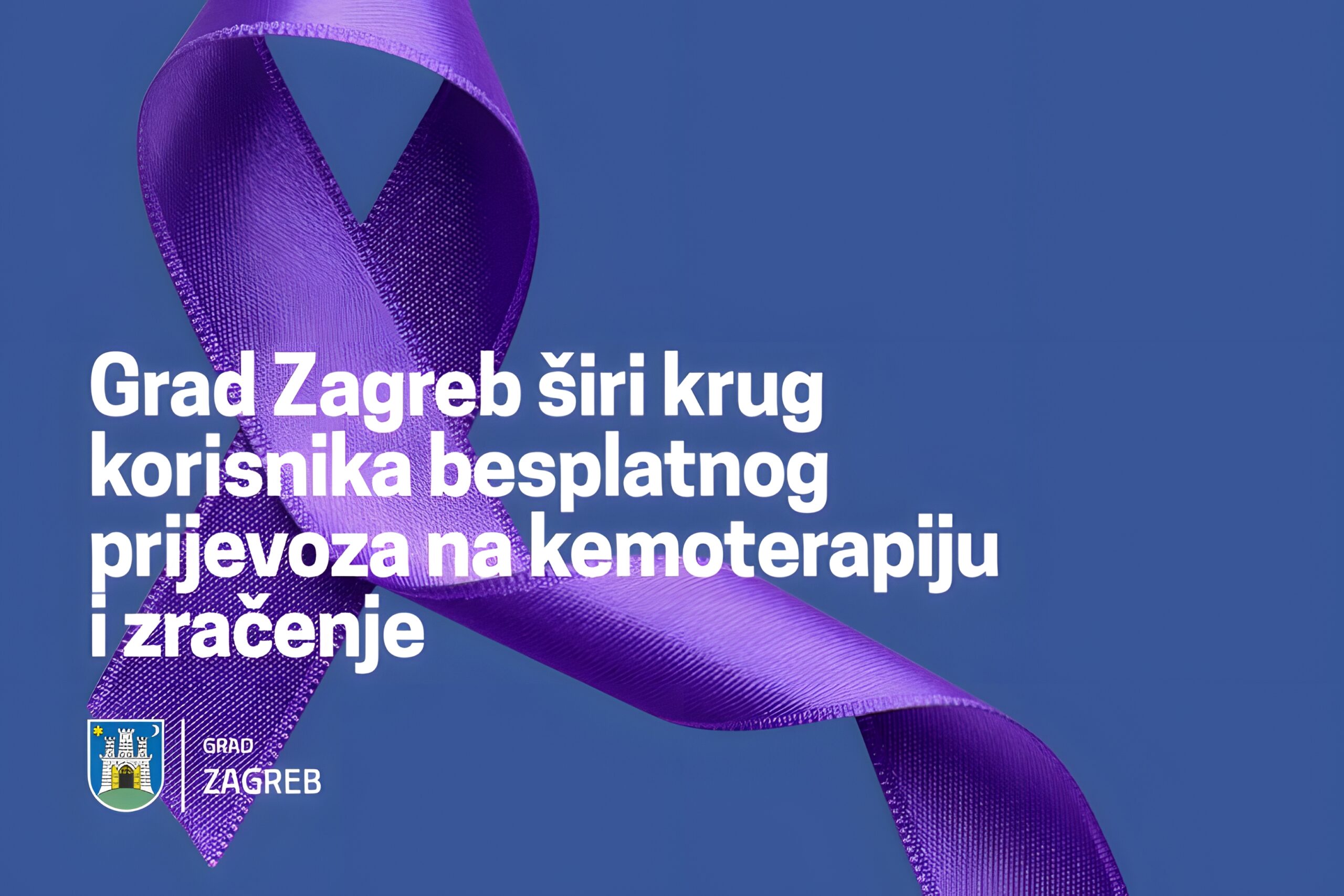 Ljubičasta vrpca na plavoj pozadini uz obavijest o besplatnom prijevozu na kemoterapiju i zračenje.