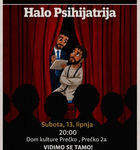 Plakat predstave „Halo Psihijatrija” s ilustracijom psihijatra i pacijenta na pozornici.