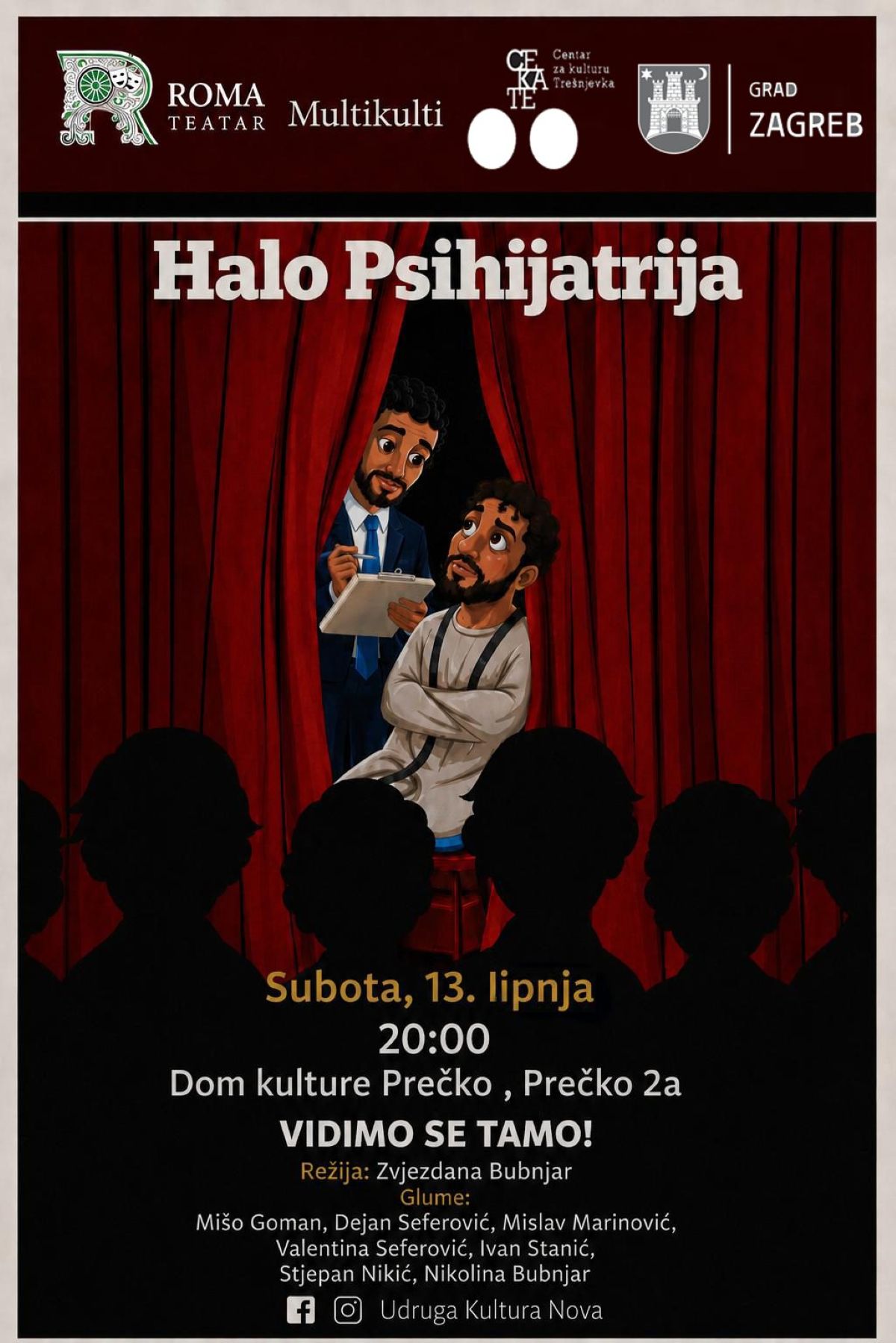Plakat predstave „Halo Psihijatrija” s ilustracijom psihijatra i pacijenta na pozornici.