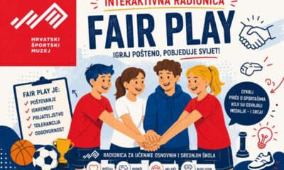 Na fotografiji se nalazi promotivni plakat za interaktivnu radionicu „Fair Play” Hrvatskog športskog muzeja. U središtu ilustracije prikazano je četvero djece koji stoje u krugu i zajednički stavljaju ruke jednu na drugu, simbolizirajući prijateljstvo, suradnju i timski duh. Iznad njih velikim plavim slovima piše „FAIR PLAY”, dok se ispod nalazi poruka „Igraj pošteno, pobjeđuje svijet!”. S lijeve strane nalazi se logotip Hrvatskog športskog muzeja te popis vrijednosti koje fair play predstavlja: poštovanje, iskrenost, prijateljstvo, toleranciju i odgovornost. Uz tekst su prikazane sportske lopte i pehar, koji dodatno naglašavaju sportsku tematiku. Desna strana plakata sadrži ilustracije rukovanja, zviždaljke, figure šaha i sportske tenisice, kao i poziv da se otkriju priče o sportašima koji su „osvajali medalje i srca”. Cijeli plakat izrađen je u vedrim bojama, s mnogo ilustracija i jednostavnim porukama prilagođenima djeci i mladima, čime se naglašava važnost poštene igre, međusobnog poštovanja i pozitivnih vrijednosti u sportu i svakodnevnom životu.
