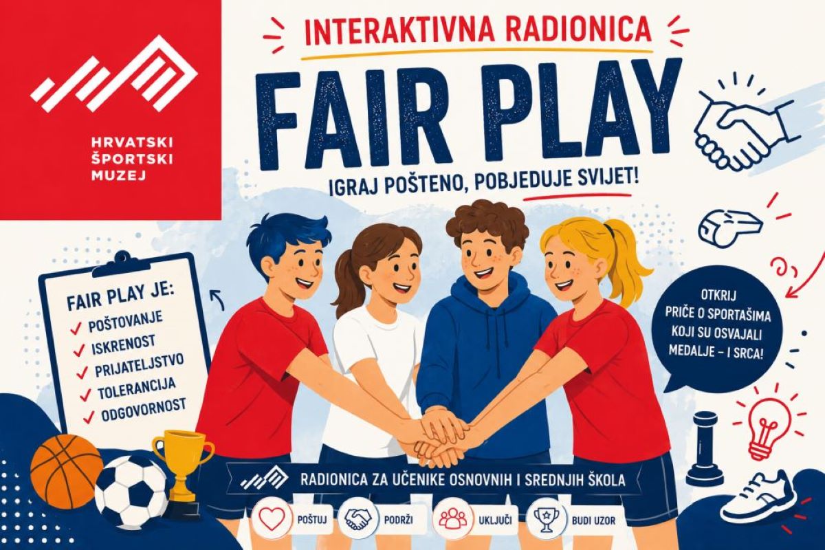 Na fotografiji se nalazi promotivni plakat za interaktivnu radionicu „Fair Play” Hrvatskog športskog muzeja. U središtu ilustracije prikazano je četvero djece koji stoje u krugu i zajednički stavljaju ruke jednu na drugu, simbolizirajući prijateljstvo, suradnju i timski duh. Iznad njih velikim plavim slovima piše „FAIR PLAY”, dok se ispod nalazi poruka „Igraj pošteno, pobjeđuje svijet!”. S lijeve strane nalazi se logotip Hrvatskog športskog muzeja te popis vrijednosti koje fair play predstavlja: poštovanje, iskrenost, prijateljstvo, toleranciju i odgovornost. Uz tekst su prikazane sportske lopte i pehar, koji dodatno naglašavaju sportsku tematiku. Desna strana plakata sadrži ilustracije rukovanja, zviždaljke, figure šaha i sportske tenisice, kao i poziv da se otkriju priče o sportašima koji su „osvajali medalje i srca”. Cijeli plakat izrađen je u vedrim bojama, s mnogo ilustracija i jednostavnim porukama prilagođenima djeci i mladima, čime se naglašava važnost poštene igre, međusobnog poštovanja i pozitivnih vrijednosti u sportu i svakodnevnom životu.
