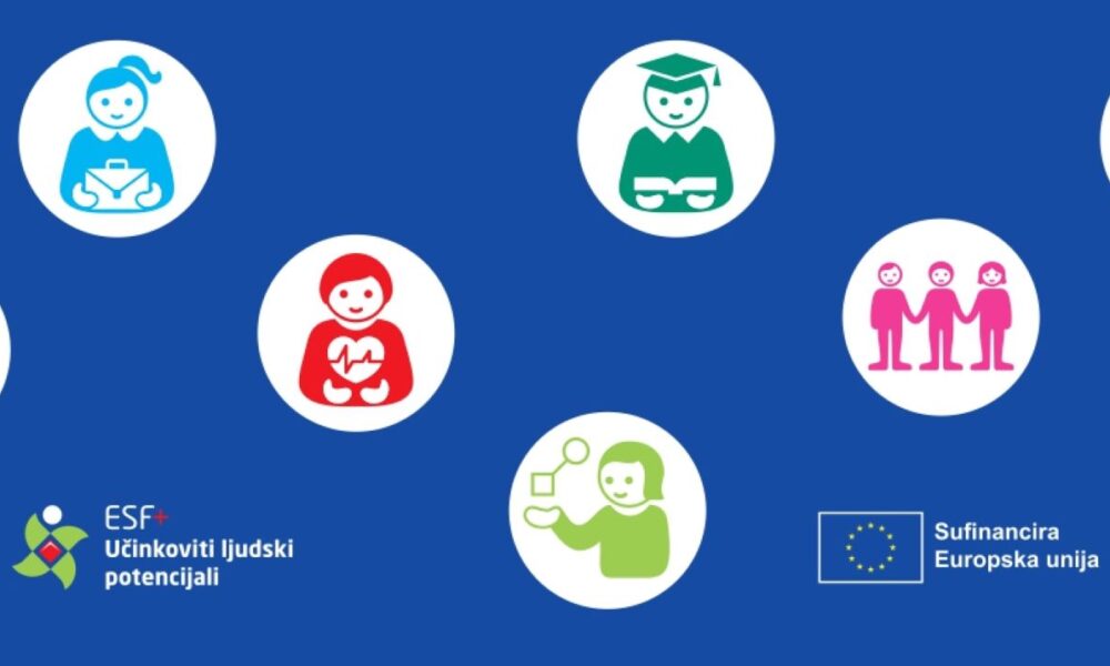 Na fotografiji se nalazi promotivna grafika projekta sufinanciranog sredstvima Europske unije. Na plavoj pozadini prikazani su različiti simboli koji predstavljaju socijalne usluge i podršku korisnicima, uključujući obrazovanje, zdravstvenu skrb, savjetovanje, socijalnu uključenost i pomoć u svakodnevnom životu. U donjem dijelu nalaze se logotipi programa ESF+ „Učinkoviti ljudski potencijali“ i Europske unije, uz natpis „Sufinancira Europska unija“. Grafika simbolizira dostupnost personaliziranih usluga i podršku osobama s rijetkim bolestima i njihovim obiteljima.