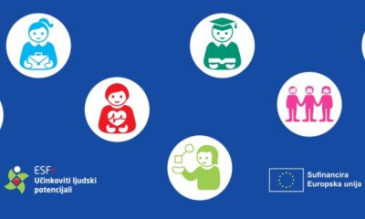 Na fotografiji se nalazi promotivna grafika projekta sufinanciranog sredstvima Europske unije. Na plavoj pozadini prikazani su različiti simboli koji predstavljaju socijalne usluge i podršku korisnicima, uključujući obrazovanje, zdravstvenu skrb, savjetovanje, socijalnu uključenost i pomoć u svakodnevnom životu. U donjem dijelu nalaze se logotipi programa ESF+ „Učinkoviti ljudski potencijali“ i Europske unije, uz natpis „Sufinancira Europska unija“. Grafika simbolizira dostupnost personaliziranih usluga i podršku osobama s rijetkim bolestima i njihovim obiteljima.