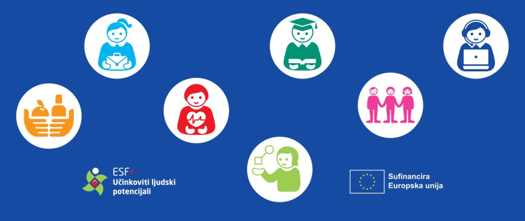 Na fotografiji se nalazi promotivna grafika projekta sufinanciranog sredstvima Europske unije. Na plavoj pozadini prikazani su različiti simboli koji predstavljaju socijalne usluge i podršku korisnicima, uključujući obrazovanje, zdravstvenu skrb, savjetovanje, socijalnu uključenost i pomoć u svakodnevnom životu. U donjem dijelu nalaze se logotipi programa ESF+ „Učinkoviti ljudski potencijali“ i Europske unije, uz natpis „Sufinancira Europska unija“. Grafika simbolizira dostupnost personaliziranih usluga i podršku osobama s rijetkim bolestima i njihovim obiteljima.