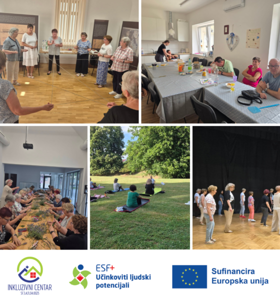Fotografija je kolaž koji prikazuje aktivnosti Inkluzivnog centra za bolju kvalitetu života u Belišću, projekta financiranog iz Europskog socijalnog fonda plus (ESF+) uz sufinanciranje Europske unije. Na fotografijama su prikazani korisnici različitih dobnih skupina tijekom aktivnosti koje potiču socijalnu uključenost, aktivno provođenje slobodnog vremena i međusobno druženje. U gornjem lijevom dijelu održava se grupna radionica u kojoj sudionici, povezani užetom, sudjeluju u vježbi komunikacije i suradnje. U gornjem desnom dijelu prikazani su korisnici u dnevnom boravku tijekom zajedničkog boravka i kreativnih aktivnosti, dok se u pozadini priprema obrok. Donji lijevi dio prikazuje kreativnu radionicu izrade ukrasa od lavande, na kojoj sudionici zajednički izrađuju rukotvorine. U sredini je održavanje vježbi ili joge na otvorenom u prirodnom okruženju, koje promiču tjelesnu aktivnost i dobrobit korisnika. Donji desni dio prikazuje plesnu ili rekreativnu radionicu u dvorani, tijekom koje sudionici kroz pokret i zajedničke aktivnosti razvijaju socijalne vještine i održavaju tjelesnu kondiciju. Na dnu kolaža nalaze se logotipi Inkluzivnog centra, programa ESF+ Učinkoviti ljudski potencijali te oznaka da je projekt sufinanciran sredstvima Europske unije. Fotografija kao cjelina prikazuje raznolikost aktivnosti kojima se korisnicima pruža podrška, potiče njihova uključenost u zajednicu te doprinosi kvalitetnijem i aktivnijem životu.
