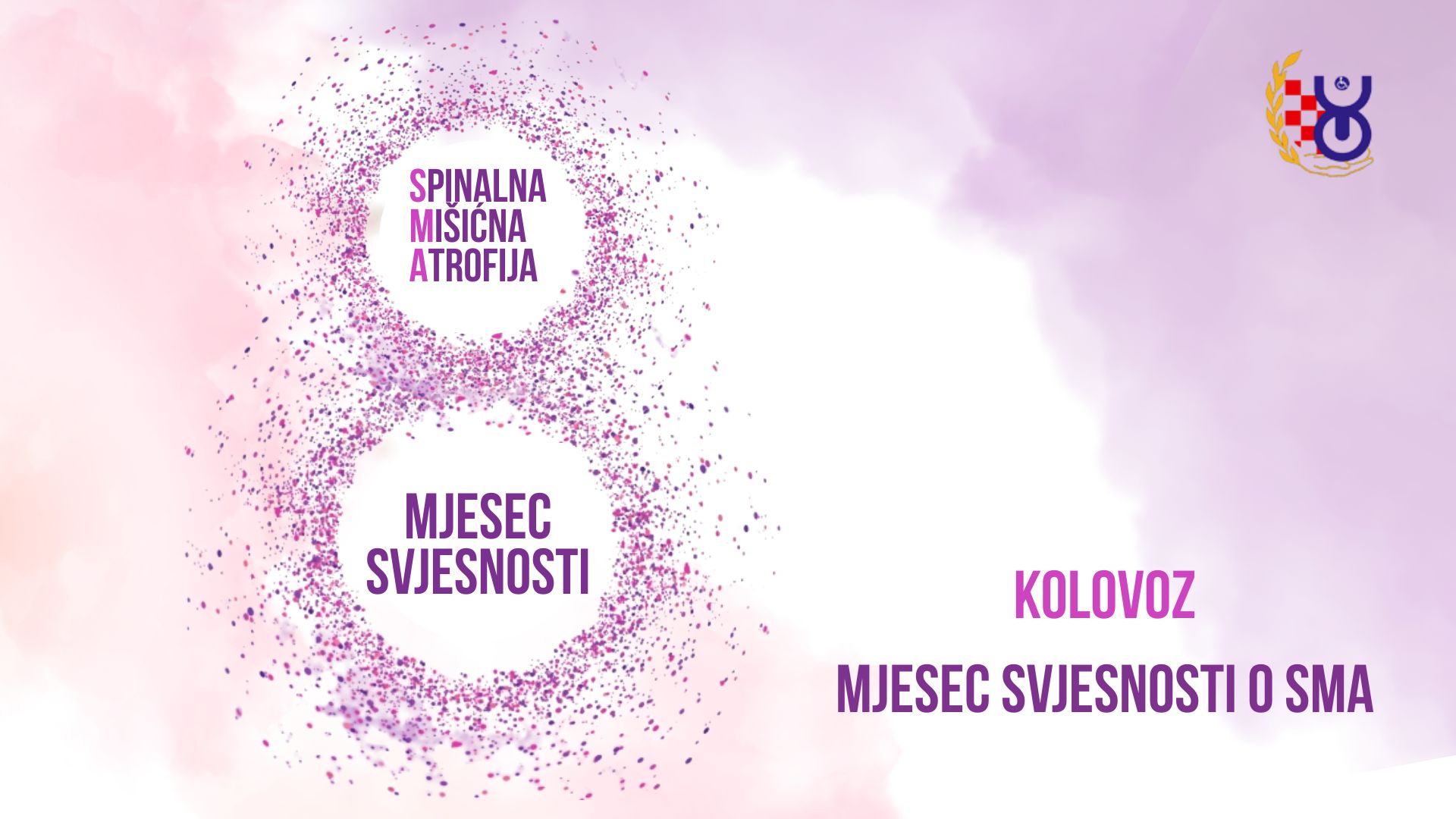 Vizual prikazuje obilježavanje Kolovoza – Mjeseca svjesnosti o spinalnoj mišićnoj atrofiji (SMA). U središnjem dijelu nalazi se stilizirani broj 8, simbol mjeseca kolovoza, oblikovan od mnoštva sitnih ljubičastih i ružičastih točkica. Unutar gornjeg kruga broja ispisan je tekst „Spinalna mišićna atrofija“, dok u donjem krugu stoji „Mjesec svjesnosti“. Na desnoj strani vizuala istaknuti su natpisi „Kolovoz“ i „Mjesec svjesnosti o SMA“ u nijansama ljubičaste boje. Pozadina je nježna i svijetla, s prijelazima ružičastih i ljubičastih tonova koji daju smiren i prepoznatljiv izgled kampanje. U gornjem desnom kutu nalazi se logotip Saveza društava distrofičara Hrvatske (SDDH), organizatora kampanje. Cjelokupni vizual koristi ljubičastu boju, međunarodno prepoznatljiv simbol podrške osobama koje žive sa spinalnom mišićnom atrofijom.