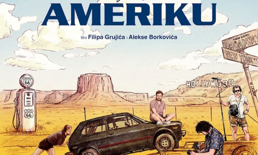 Ilustrirani plakat dokumentarnog filma Yugo ide u Ameriku prikazuje automobil Yugo u pustinjskom krajoliku SAD-a, okružen članovima filmske ekipe tijekom snimanja. U pozadini se vide motivi Route 66, Hollywooda i američkog jugozapada.
