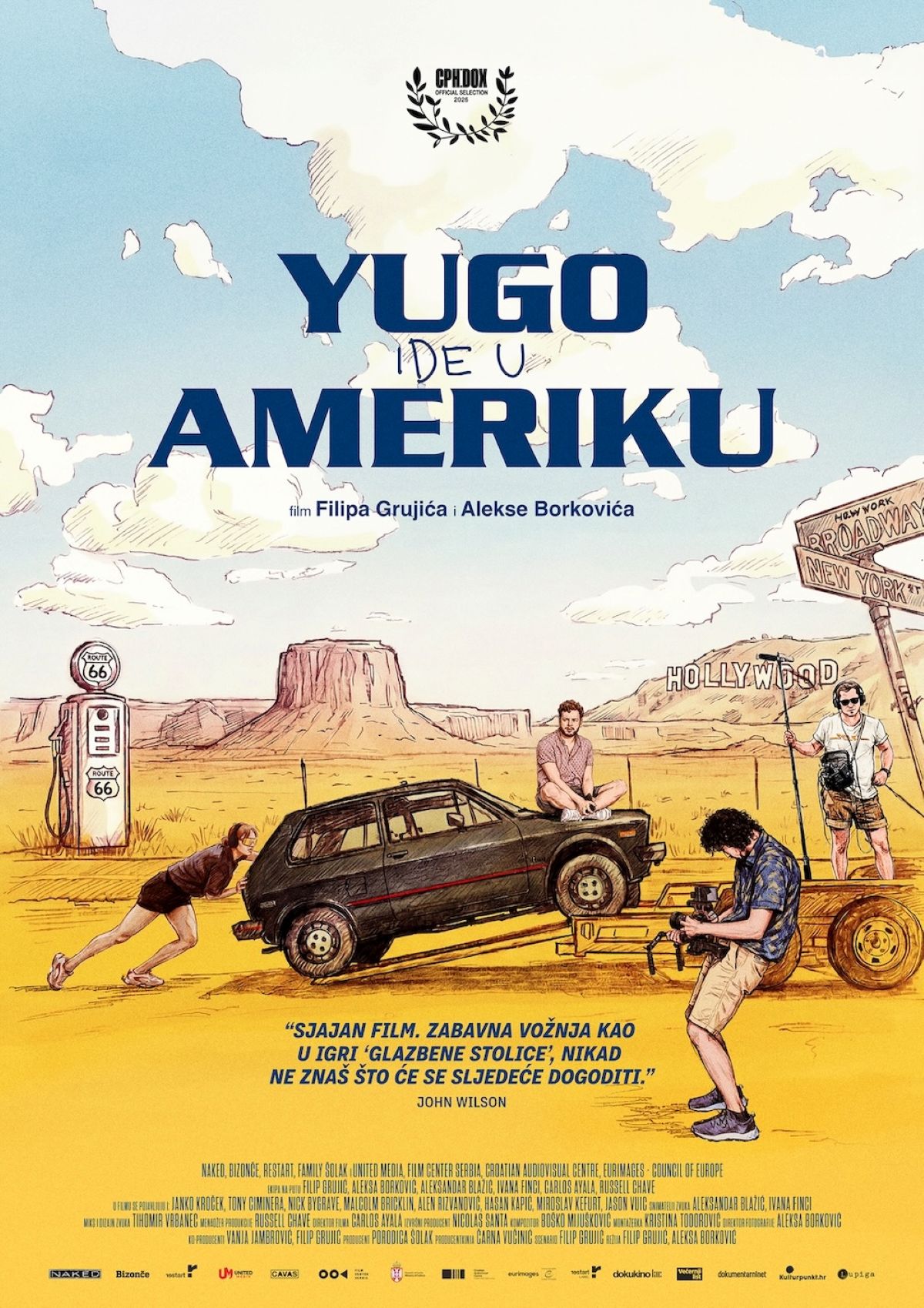 Ilustrirani plakat dokumentarnog filma Yugo ide u Ameriku prikazuje automobil Yugo u pustinjskom krajoliku SAD-a, okružen članovima filmske ekipe tijekom snimanja. U pozadini se vide motivi Route 66, Hollywooda i američkog jugozapada.