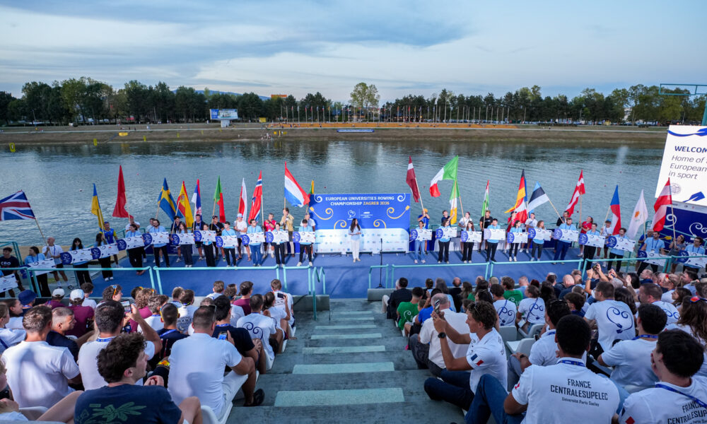 Otvorenje Europskog sveučilišnog prvenstva u veslanju Zagreb 2026. uz Jarunsko jezero i zastave zemalja sudionica.