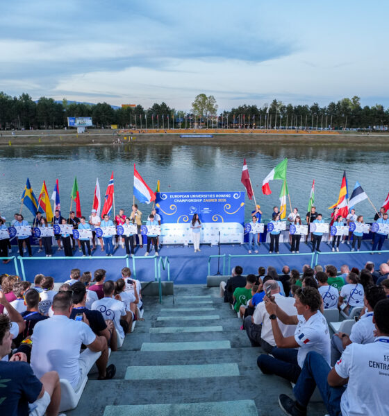 Otvorenje Europskog sveučilišnog prvenstva u veslanju Zagreb 2026. uz Jarunsko jezero i zastave zemalja sudionica.