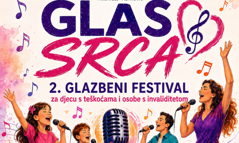Na fotografiji je plakat za 2. glazbeni festival „Glas srca“, koji organizira Udruga osoba s invaliditetom „Prijatelj“ Metković. U središtu plakata istaknut je veliki natpis „GLAS SRCA“, a ispod njega piše da je riječ o 2. glazbenom festivalu za djecu s teškoćama i osobe s invaliditetom. Na vrhu se nalazi logo i naziv udruge. Plakat je vedar i šaren, ukrašen notama, srcima i mrljama akvarela u ružičastim, ljubičastim, narančastim i plavim tonovima. U donjem dijelu prikazano je nekoliko osoba koje pjevaju, među kojima su djeca, odrasla osoba u invalidskim kolicima i pjevačica. U središtu se nalazi veliki retrofon, odnosno stari mikrofon. Cijeli vizual naglašava glazbu, zajedništvo, različitost, uključivanje i slobodu izražavanja, a svojim veselim bojama i motivima ostavlja dojam toplog i pozitivnog glazbenog događaja.