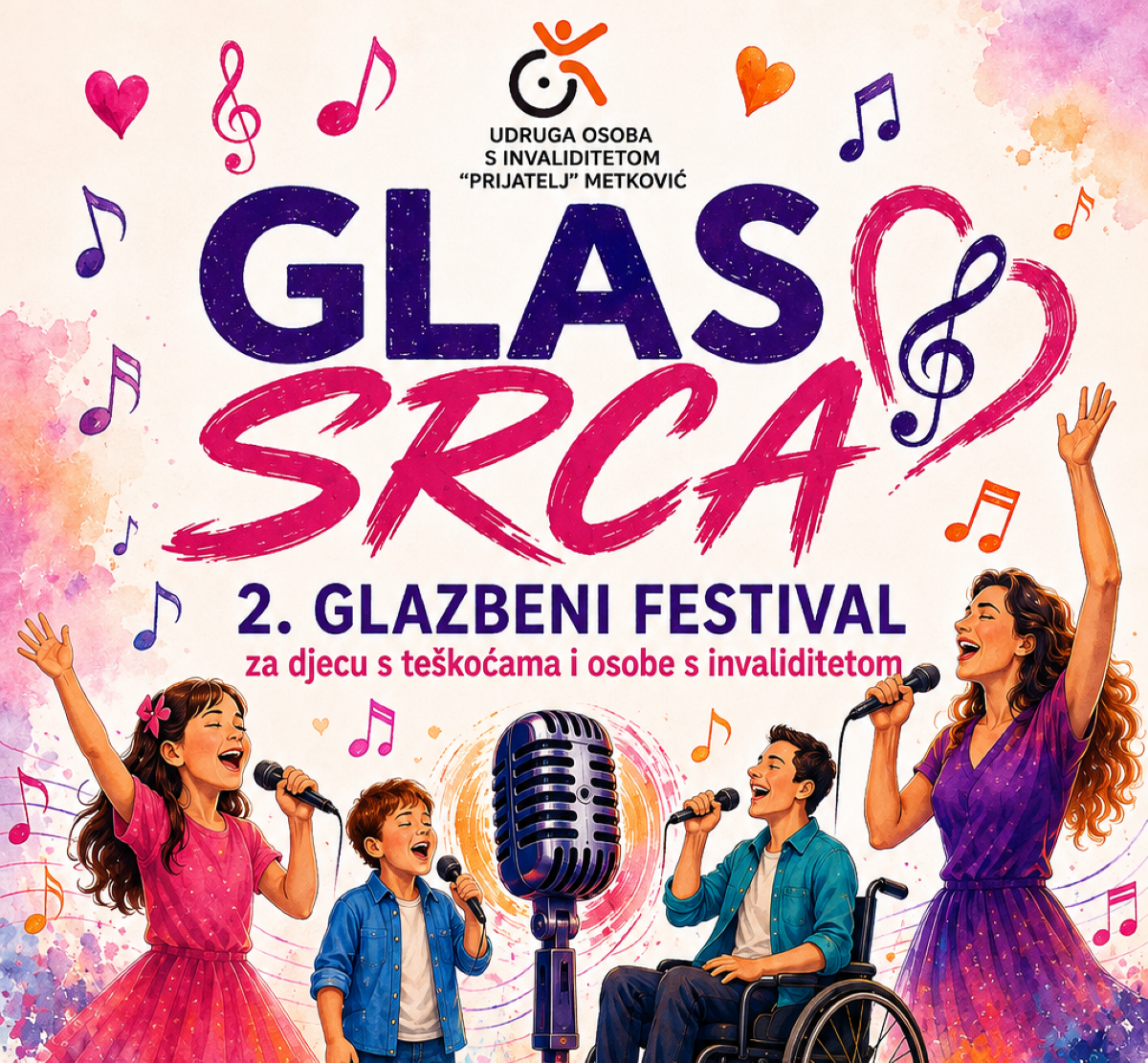Na fotografiji je plakat za 2. glazbeni festival „Glas srca“, koji organizira Udruga osoba s invaliditetom „Prijatelj“ Metković. U središtu plakata istaknut je veliki natpis „GLAS SRCA“, a ispod njega piše da je riječ o 2. glazbenom festivalu za djecu s teškoćama i osobe s invaliditetom. Na vrhu se nalazi logo i naziv udruge. Plakat je vedar i šaren, ukrašen notama, srcima i mrljama akvarela u ružičastim, ljubičastim, narančastim i plavim tonovima. U donjem dijelu prikazano je nekoliko osoba koje pjevaju, među kojima su djeca, odrasla osoba u invalidskim kolicima i pjevačica. U središtu se nalazi veliki retrofon, odnosno stari mikrofon. Cijeli vizual naglašava glazbu, zajedništvo, različitost, uključivanje i slobodu izražavanja, a svojim veselim bojama i motivima ostavlja dojam toplog i pozitivnog glazbenog događaja.