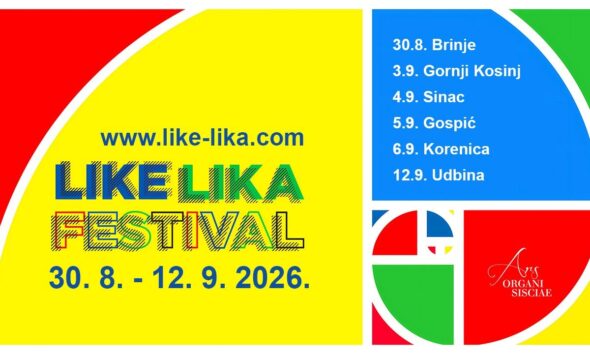 Plakat Like Lika Festivala s datumima održavanja u šest mjesta u Lici od 30. kolovoza do 12. rujna 2026.