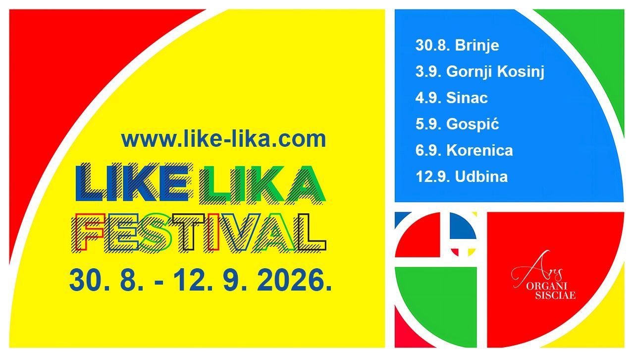 Plakat Like Lika Festivala s datumima održavanja u šest mjesta u Lici od 30. kolovoza do 12. rujna 2026.