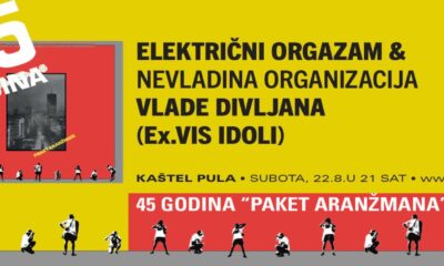 Plakat za koncert povodom 45 godina albuma ‘Paket aranžman’, s nastupima Električnog orgazma i Vlade Divljana.