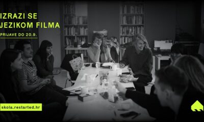 Promotivni vizual za radionicu 'Izrazi se jezikom filma' prikazuje skupinu sudionika okupljenih oko stola tijekom razgovora i kreativnog rada. Na slici su istaknuti tekst 'Izrazi se jezikom filma', rok za prijavu do 20. rujna te mrežna adresa skola.restarted.hr.