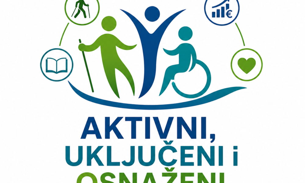 Na fotografiji se nalazi promotivni vizual za program „Aktivni, uključeni i osnaženi – integrirani program uključivanja osoba s invaliditetom“. U središtu ilustracije prikazane su tri stilizirane ljudske figure koje simboliziraju zajedništvo, podršku i uključivanje. Jedna figura prikazana je s bijelim štapom, predstavljajući osobu s oštećenjem vida, druga je u invalidskim kolicima, dok središnja plava figura s podignutim rukama simbolizira osnaživanje, aktivno sudjelovanje i jednakost. Iznad njih nalaze se tri zelena lista koji predstavljaju rast, razvoj i kvalitetniji život. Oko središnjeg motiva raspoređene su ikone koje predstavljaju područja djelovanja programa: nordijsko hodanje i tjelesnu aktivnost, financijsku pismenost i ekonomsko osnaživanje, brigu o zdravlju i dobrobiti te edukaciju i cjeloživotno učenje. Sve elemente povezuje kružna zelena linija koja simbolizira povezanost, suradnju i cjelovit pristup podršci korisnicima. U donjem dijelu vizuala istaknut je naziv programa „Aktivni, uključeni i osnaženi“ u plavoj i zelenoj boji, dok se ispod nalazi podnaslov „Integrirani program uključivanja osoba s invaliditetom“. Dominantne plava i zelena boja simboliziraju povjerenje, sigurnost, zdravlje, rast i uključivost.