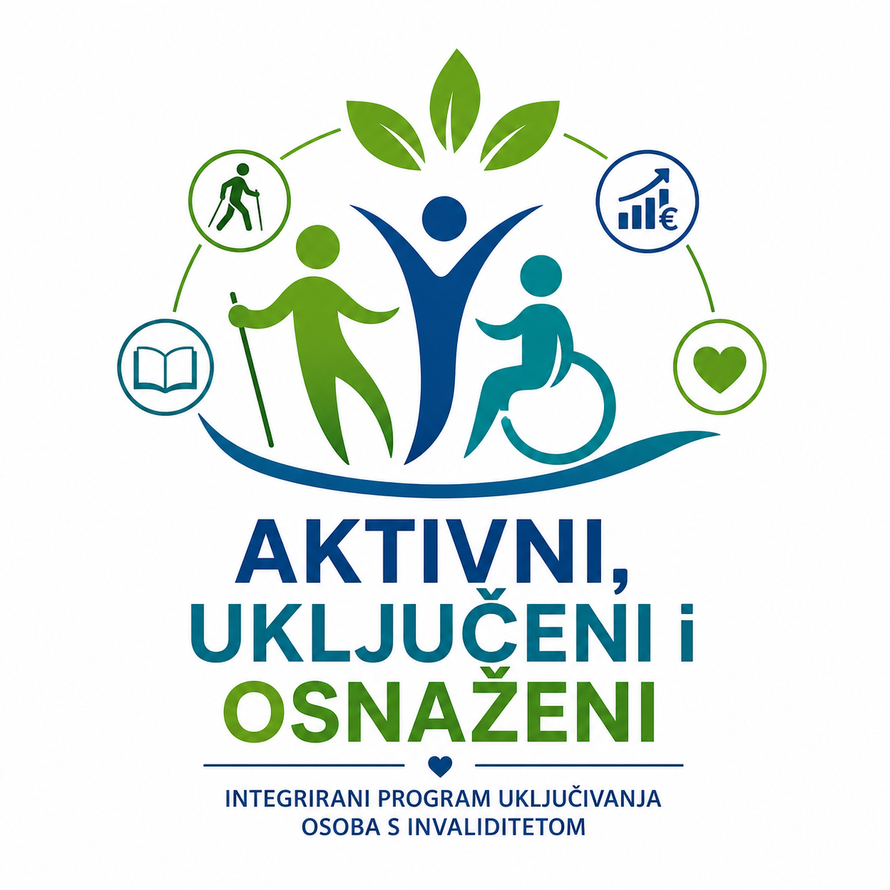 Na fotografiji se nalazi promotivni vizual za program „Aktivni, uključeni i osnaženi – integrirani program uključivanja osoba s invaliditetom“. U središtu ilustracije prikazane su tri stilizirane ljudske figure koje simboliziraju zajedništvo, podršku i uključivanje. Jedna figura prikazana je s bijelim štapom, predstavljajući osobu s oštećenjem vida, druga je u invalidskim kolicima, dok središnja plava figura s podignutim rukama simbolizira osnaživanje, aktivno sudjelovanje i jednakost. Iznad njih nalaze se tri zelena lista koji predstavljaju rast, razvoj i kvalitetniji život. Oko središnjeg motiva raspoređene su ikone koje predstavljaju područja djelovanja programa: nordijsko hodanje i tjelesnu aktivnost, financijsku pismenost i ekonomsko osnaživanje, brigu o zdravlju i dobrobiti te edukaciju i cjeloživotno učenje. Sve elemente povezuje kružna zelena linija koja simbolizira povezanost, suradnju i cjelovit pristup podršci korisnicima. U donjem dijelu vizuala istaknut je naziv programa „Aktivni, uključeni i osnaženi“ u plavoj i zelenoj boji, dok se ispod nalazi podnaslov „Integrirani program uključivanja osoba s invaliditetom“. Dominantne plava i zelena boja simboliziraju povjerenje, sigurnost, zdravlje, rast i uključivost.