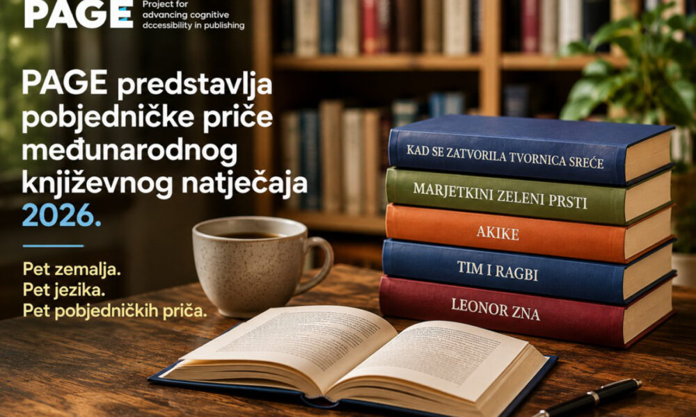 Promotivna grafika projekta PAGE s pet knjiga pobjedničkih priča međunarodnog književnog natječaja 2026.