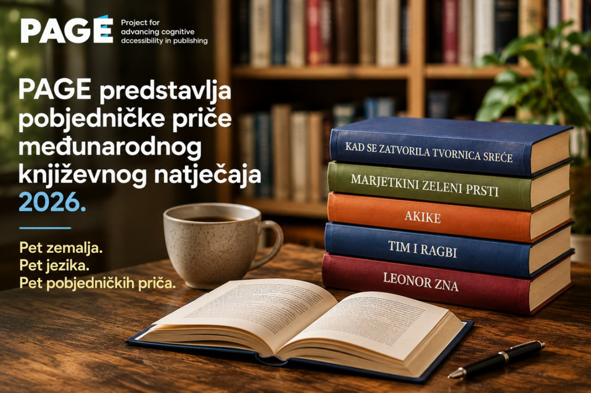 Promotivna grafika projekta PAGE s pet knjiga pobjedničkih priča međunarodnog književnog natječaja 2026.