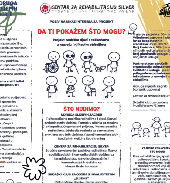 Na slici je informativni plakat za projekt „Da ti pokažem što mogu?“, koji je usmjeren na pružanje podrške djeci s teškoćama u razvoju i njihovim obiteljima.