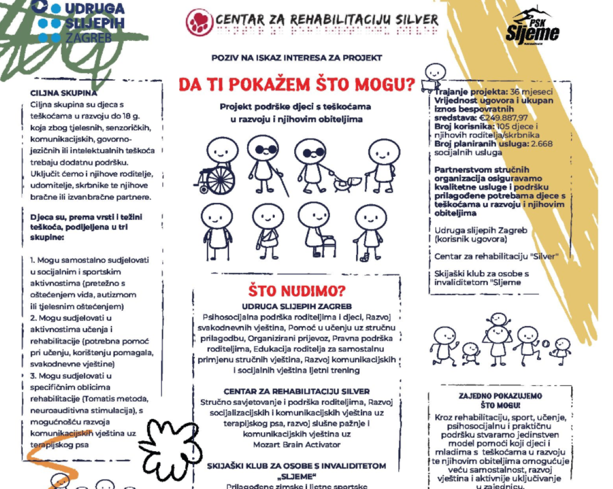 Na slici je informativni plakat za projekt „Da ti pokažem što mogu?“, koji je usmjeren na pružanje podrške djeci s teškoćama u razvoju i njihovim obiteljima.