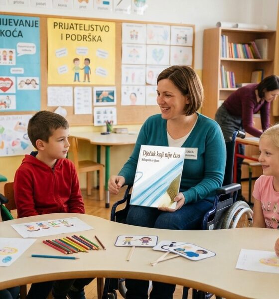 Učiteljica u kolicima razgovara s djecom za stolom u učionici posvećenoj inkluziji.