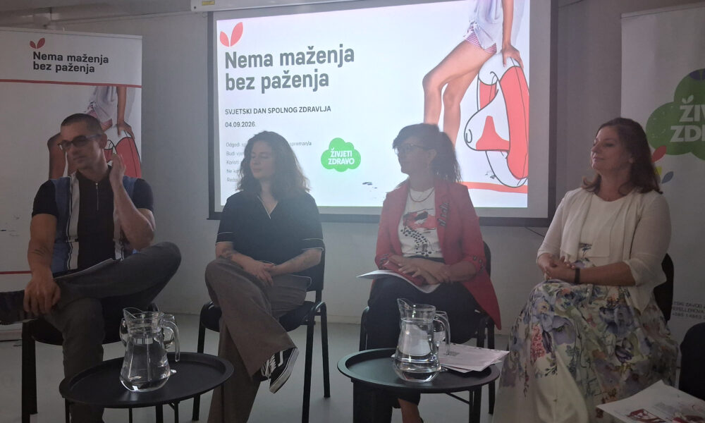 Sudionici panel-rasprave povodom Svjetskog dana spolnog zdravlja, uz poruku 'Nema maženja bez paženja'.