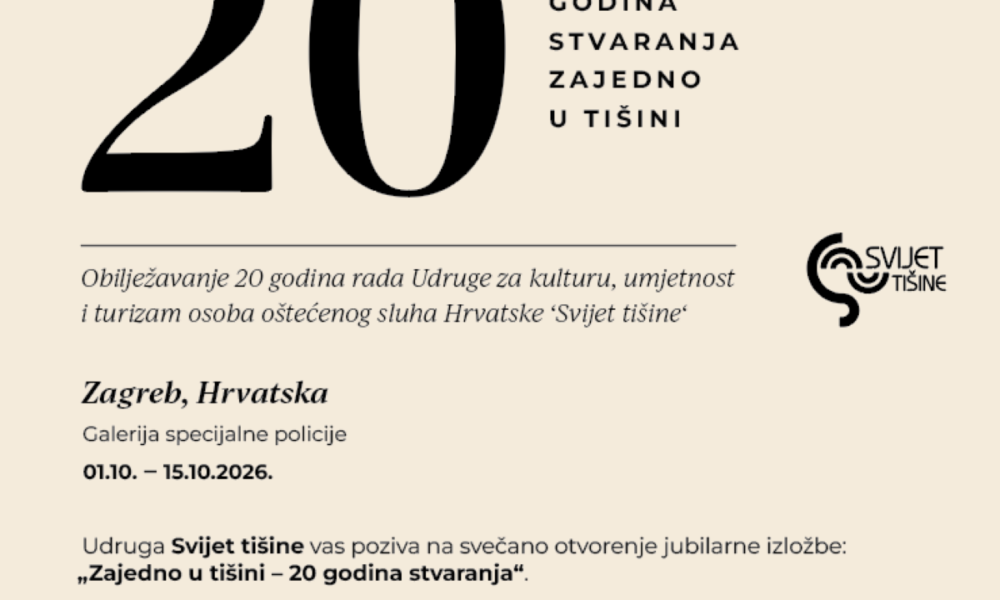 Na fotografiji je prikazan promotivni plakat Udruge za kulturu, umjetnost i turizam osoba oštećenog sluha Hrvatske „Svijet tišine“, kojim se najavljuje obilježavanje 20 godina rada Udruge. Plakat je minimalistički oblikovan na svijetloj, bež podlozi. U gornjem dijelu dominira veliki crni broj „20“, uz koji stoji poruka „GODINA STVARANJA ZAJEDNO U TIŠINI“. Ispod je navedeno da se obilježava 20 godina rada Udruge „Svijet tišine“. U središnjem dijelu istaknuta je informacija o održavanju izložbe u Zagrebu, u Galeriji Specijalne policije, od 1. do 15. listopada 2026. godine. Posebno je najavljeno svečano otvorenje izložbe „Zajedno u tišini – 20 godina stvaranja“, koje će se održati u četvrtak, 1. listopada u 19 sati, na adresi Trg žrtava fašizma 1 u Zagrebu. U donjem dijelu plakata nalazi se poziv građanima da se pridruže obilježavanju i proslave 20 godina rada, stvaranja i zajedništva. Na desnoj strani nalazi se prepoznatljiv logotip Udruge „Svijet tišine“.