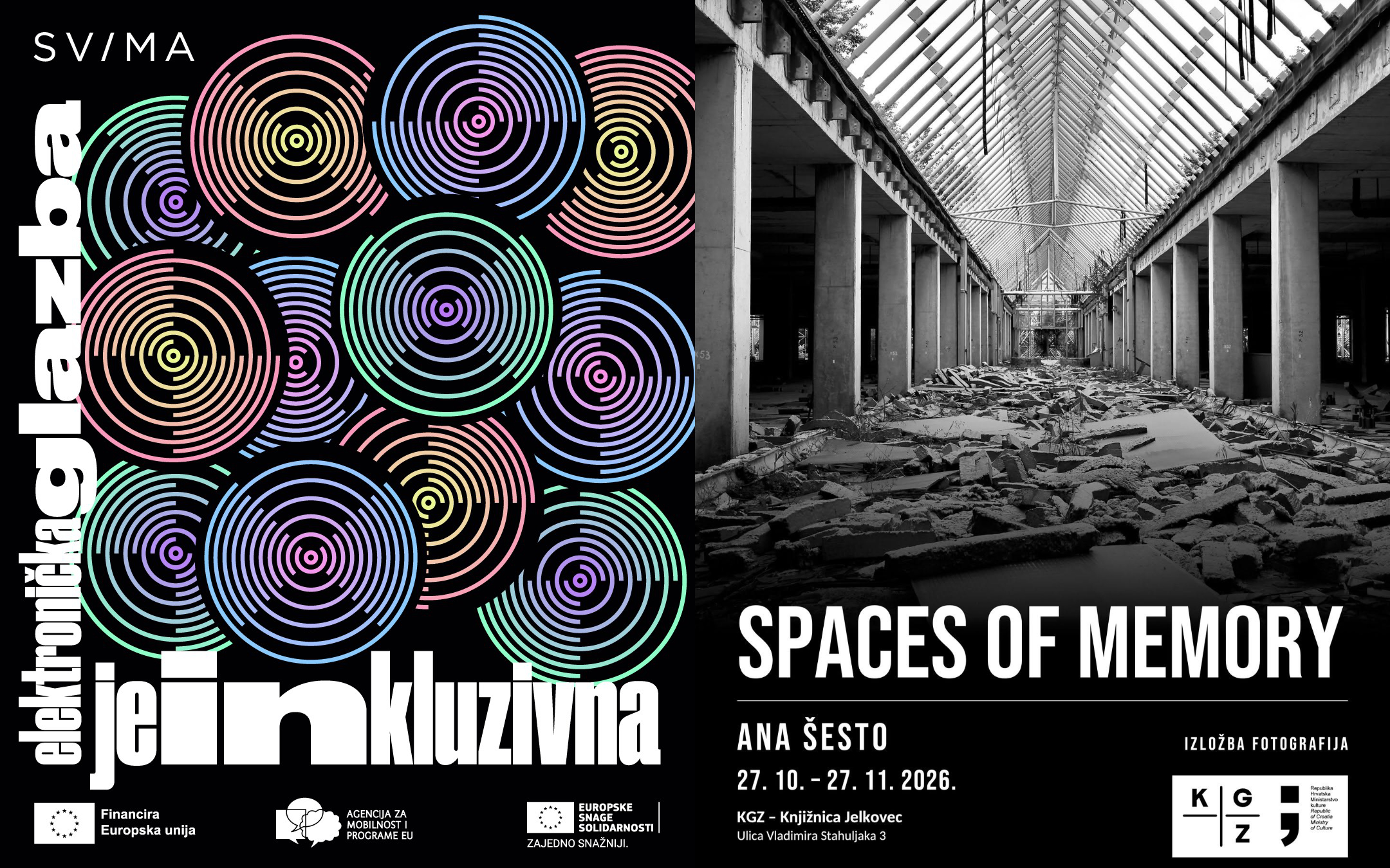 Plakati projekta „Jednaki u različitostima“ i izložbe „Spaces of Memory“ Ane Šesto u Knjižnici Jelkovec.