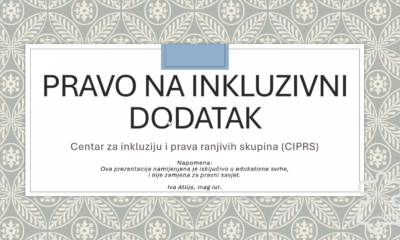 Na slici je prikazana naslovna stranica prezentacije pod nazivom „Pravo na inkluzivni dodatak”, koju je pripremio Centar za inkluziju i prava ranjivih skupina (CIPRS). Prezentacija ima svijetlu, dekorativnu pozadinu s geometrijskim i cvjetnim ornamentima u sivim, bež i bijelim tonovima. U središtu se nalazi veliki bijeli pravokutnik s tankim obrubom, na kojem je istaknut naslov crnim, velikim tiskanim slovima. Ispod naslova naveden je naziv udruge, a pri dnu se nalazi napomena da je prezentacija namijenjena isključivo edukativnim svrhama i da nije zamjena za pravni savjet. Kao autorica navedena je Iva Atlija, mag. iur. Cjelokupni dizajn djeluje uredno i pregledno, s naglaskom na naslov i jasno istaknutim informacijama o autorstvu i svrsi prezentacije.