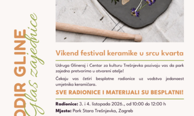 Na fotografiji je promotivni plakat za vikend keramičkih radionica „Dodir gline – glas zajednice” u Parku Stara Trešnjevka u Zagrebu. U gornjem dijelu nalazi se fotografija keramičke ploče od tamne gline ukrašene otiscima i motivima biljaka, cvijeća i grančica. Uz nju je drveni alat za oblikovanje gline, čime se naglašava tema keramike i rada rukama. Lijevom stranom plakata proteže se naziv programa „Dodir gline”, uz logotip Udruge Glineraj. Središnji dio donosi naslov „Vikend festivala keramike u srcu kvarta” te poziv građanima da park pretvore u otvoreni atelje. Na plakatu su istaknute informacije o četiri besplatne radionice, koje se održavaju 3. i 4. listopada 2026. od 10 do 12 sati. Kao mjesto održavanja naveden je Park Stara Trešnjevka u Zagrebu. Posebno je najavljena i velika pop-up izložba u nedjelju poslijepodne, od 14 do 17 sati. Vizualno, plakat kombinira fotografiju prirodnih motiva, zemljane i zelene tonove te tipografiju koja daje dojam ručnog, kreativnog i umjetničkog rada. Pri dnu su navedeni organizatori i financijska potpora Grada Zagreba, uz pripadajuće logotipe.